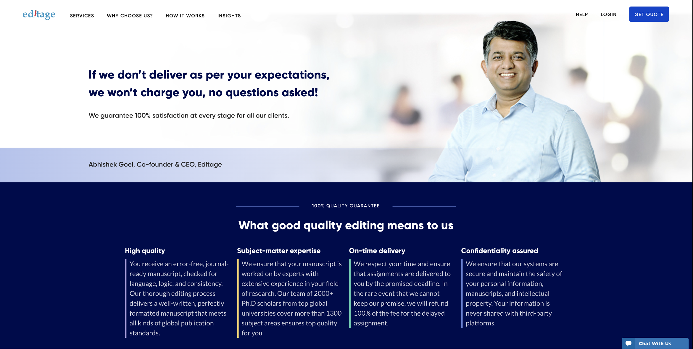 CEO-signed satisfaction guarantee on the Editage website
