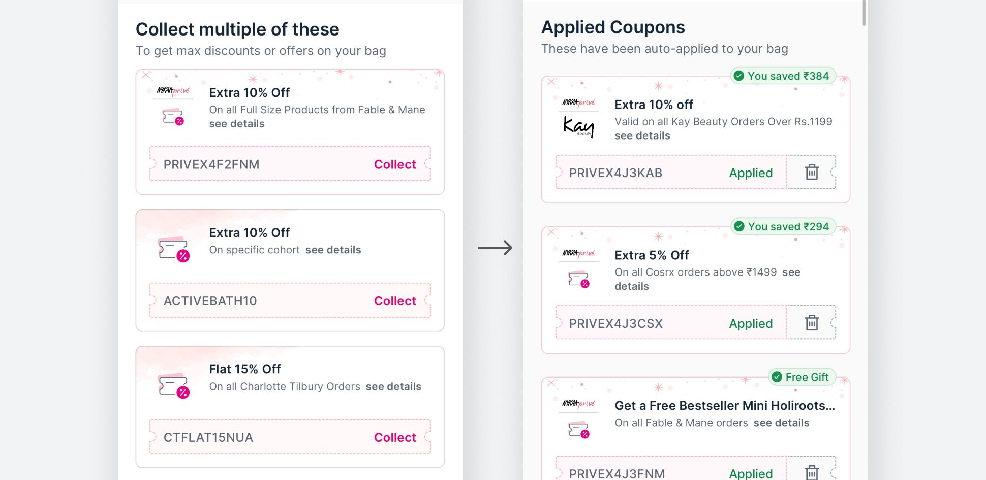 Old collect-coupon cards next to new auto-applied coupons