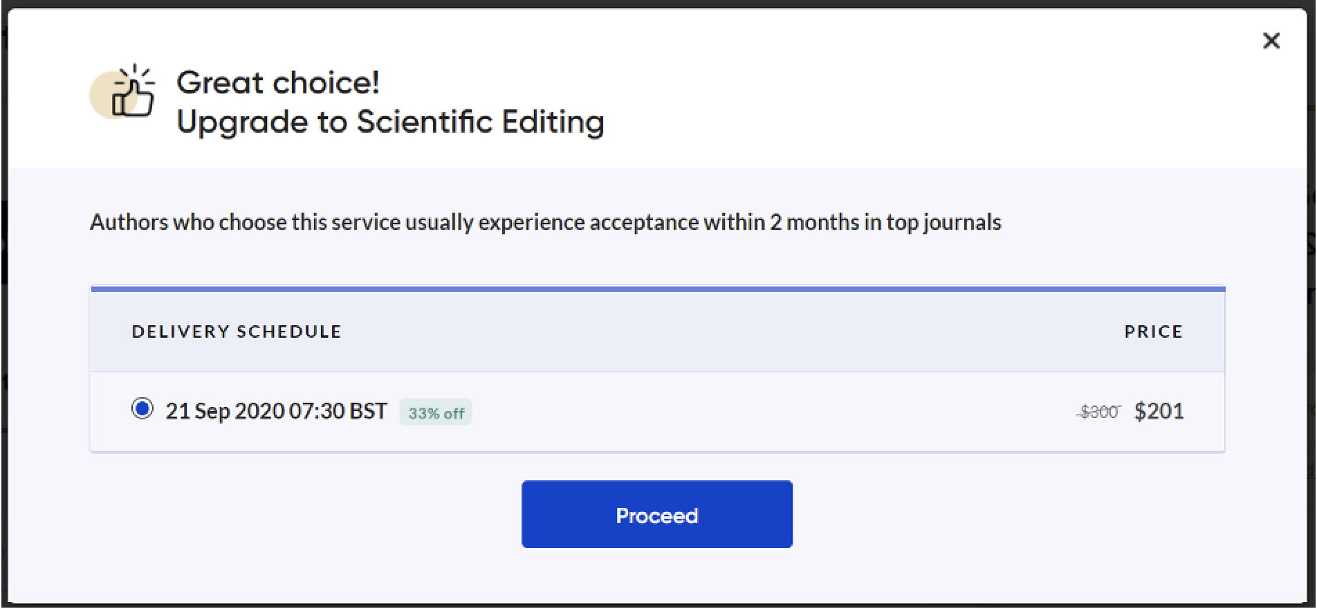 Second upgrade pop-up in the Editage form