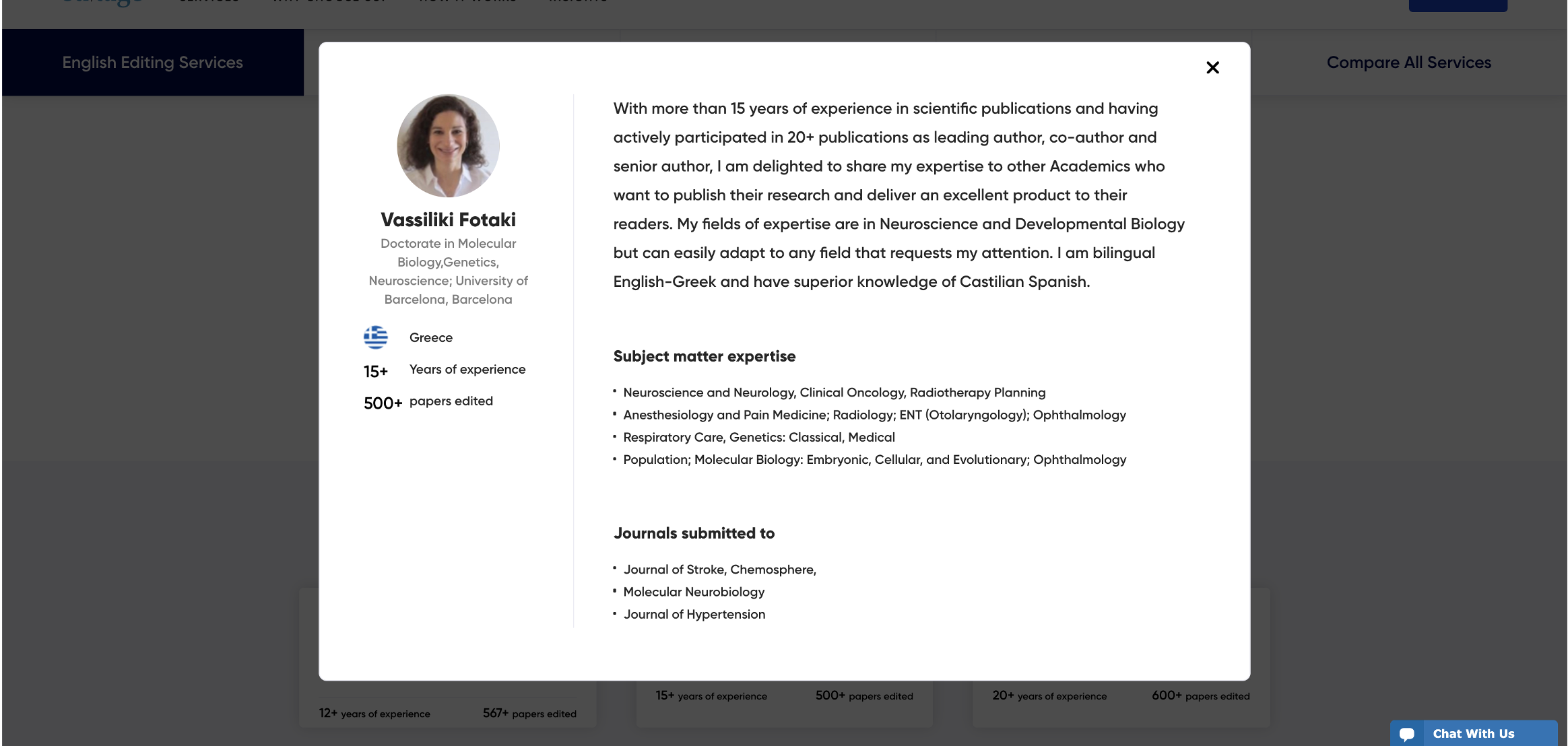 Expanded expert panel on the Editage website