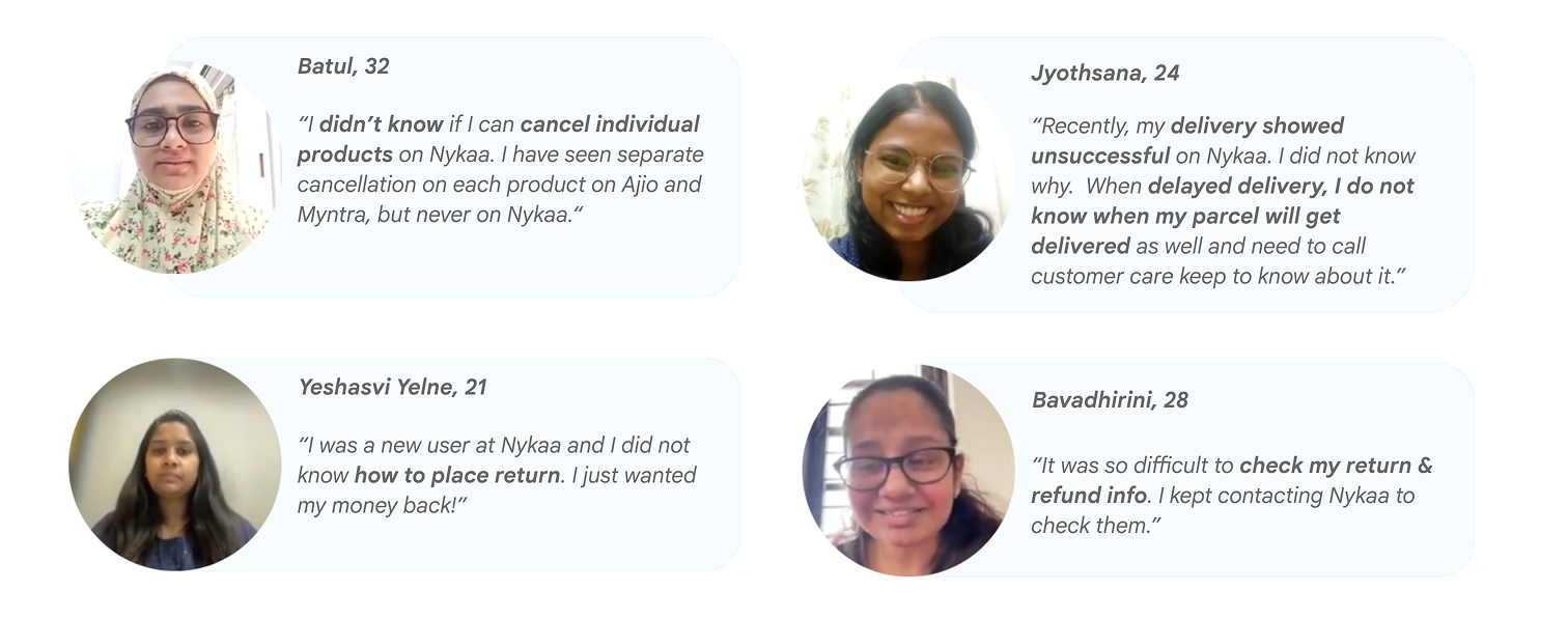 Verbatim quotes from Nykaa post-order user research