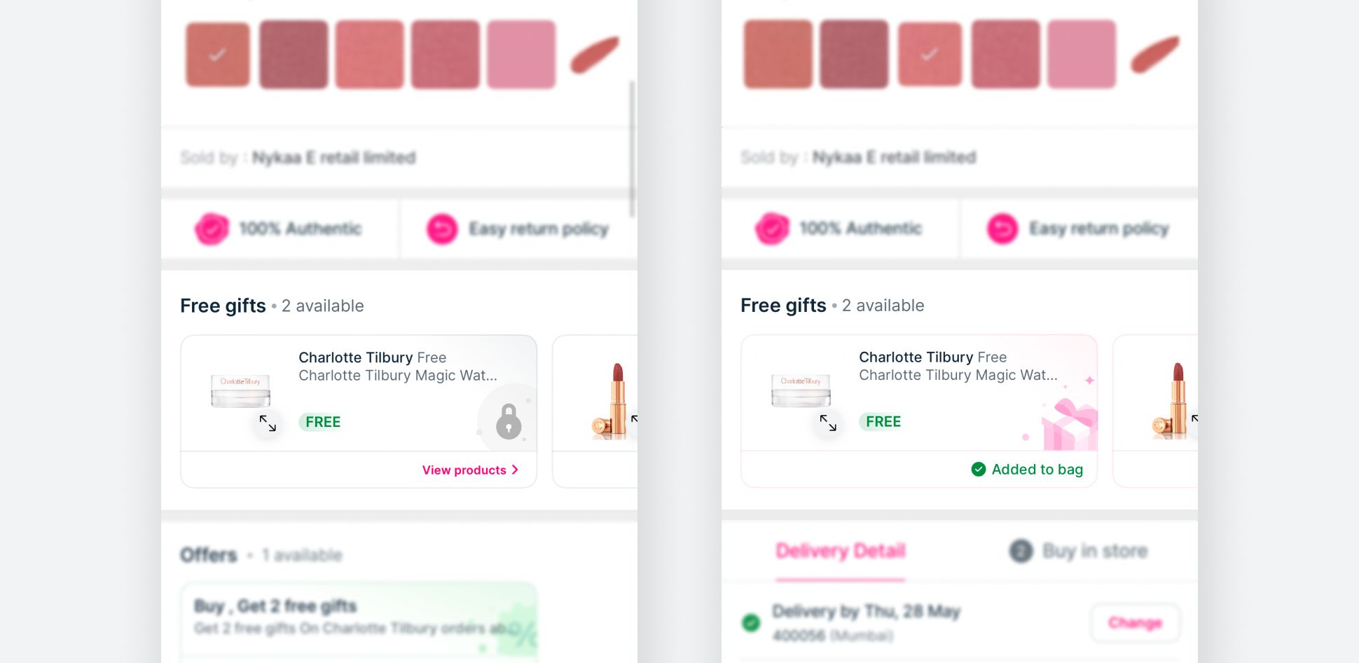 Free gift widget on the product detail page
