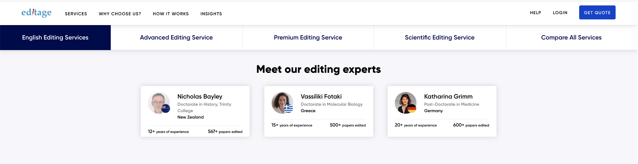 Subject area expert profiles on the Editage website