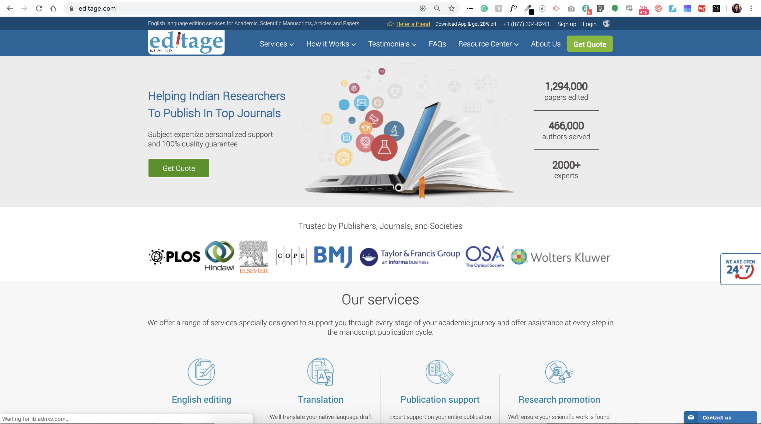 The old Editage website homepage